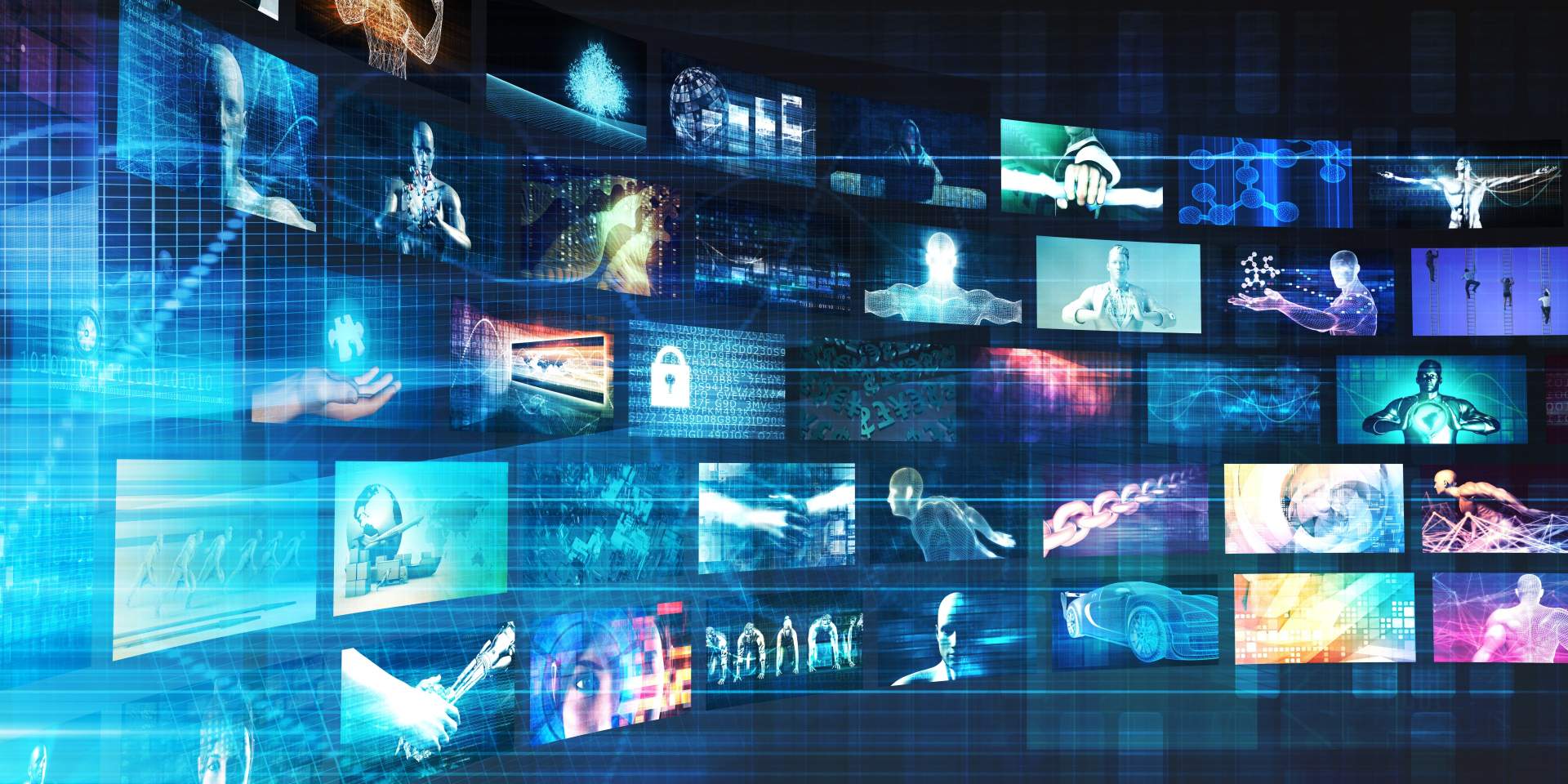 Multiple TV monitors with different images displayed Multiple TV monitors with different images displayed